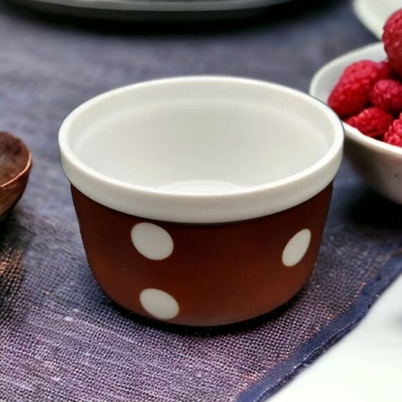 Fitz and Floyd Brown Ramekin Bowl w/ White Polka Dots 3.25” x 2” Oven to Table - Picture 1 of 7